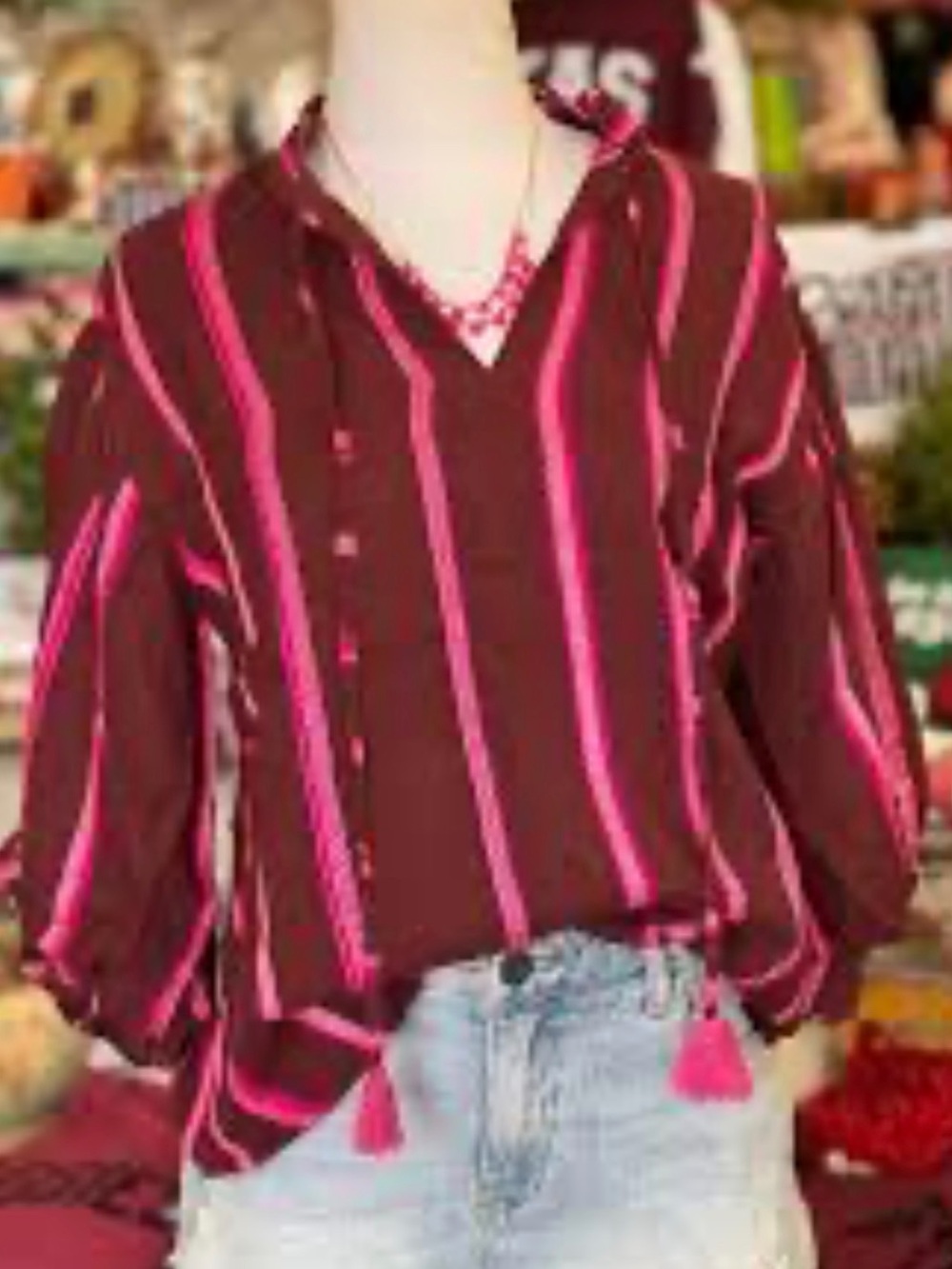 ivy jane Boho Burundy Tunic Blouse with Pink Stripes and Tassel Ties